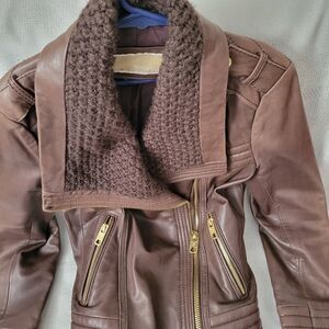 Michael Kors Chocolate Leather Jacket with Gold Accents size xs ,geat condytion.